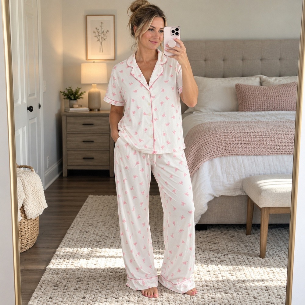 Forever 21 Women's L Pink Ice Skate Print Pajama Set 2 Piece‎ Sleepwear